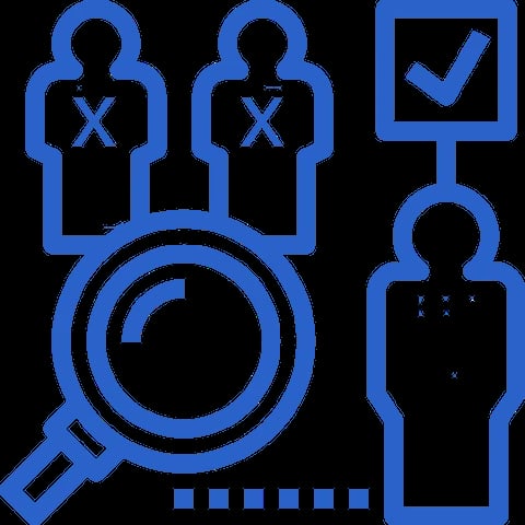 Blue icon showing recruitment or hiring concept with magnifying glass, candidate profiles, and approval checkmark